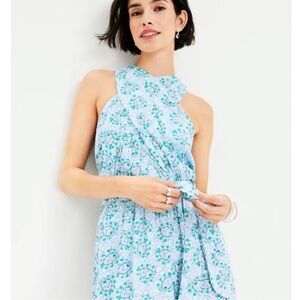 LOFT Bloom Crossover Halter Dress Blue Floral size 8 NWT